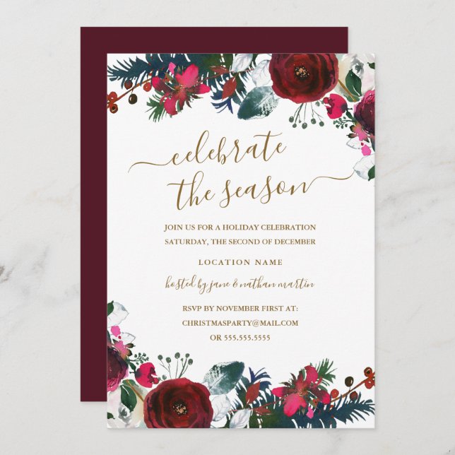 Convites Burgundy Red Floral, Festa de Natal (Frente/Verso)