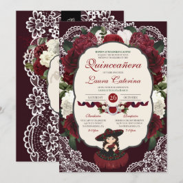 Convites Burgundy Red Floral Lace Charro Quinceanera