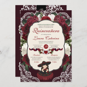 Convites Burgundy Red Floral Lace Charro Quinceanera
