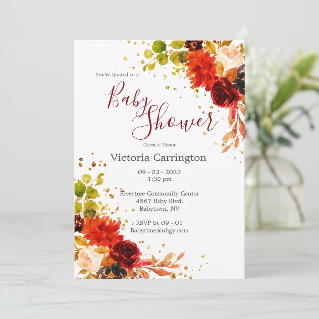 Convites Burgundy Red Floral Personalizar Bebê (Em pé/Frente)