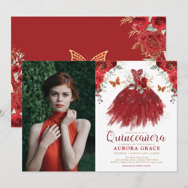 Convites Burgundy Red Floral Quinceañera Princess Foto (Frente/Verso)