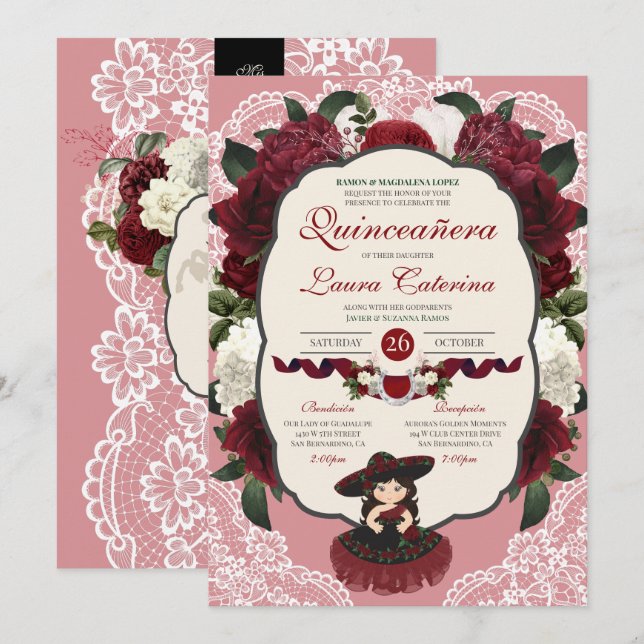 Convites Burgundy Red Floral Rosa Charro Quinceanera (Frente/Verso)