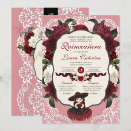 Convites Burgundy Red Floral Rosa Charro Quinceanera