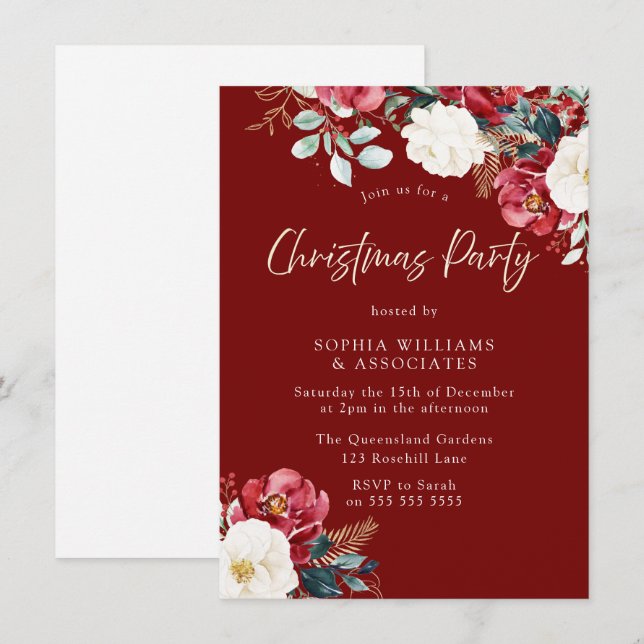 Convites Burgundy Red Floral Work ou Family Christmas Party (Frente/Verso)