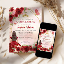 Burgundy Red Glam Dourada Princesa Floral Quinceañ