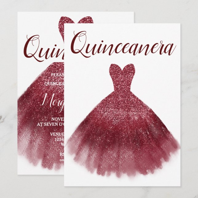 Convites Burgundy Red Glitter Dress Quinceanera Party 15 (Frente/Verso)