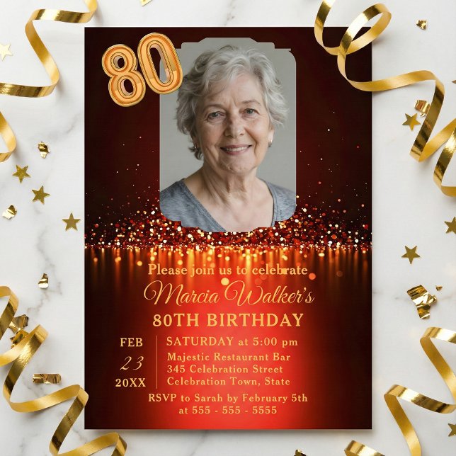 Convites Burgundy Red & Gold Glitter Photo 80th Birthday (Criador carregado)