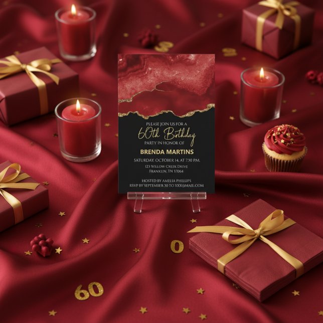 Convites Burgundy Red Gold Glitter  Watercolor (Criador carregado)