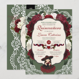 Convites Burgundy Red Green Floral Rosa Charro Quinceanera