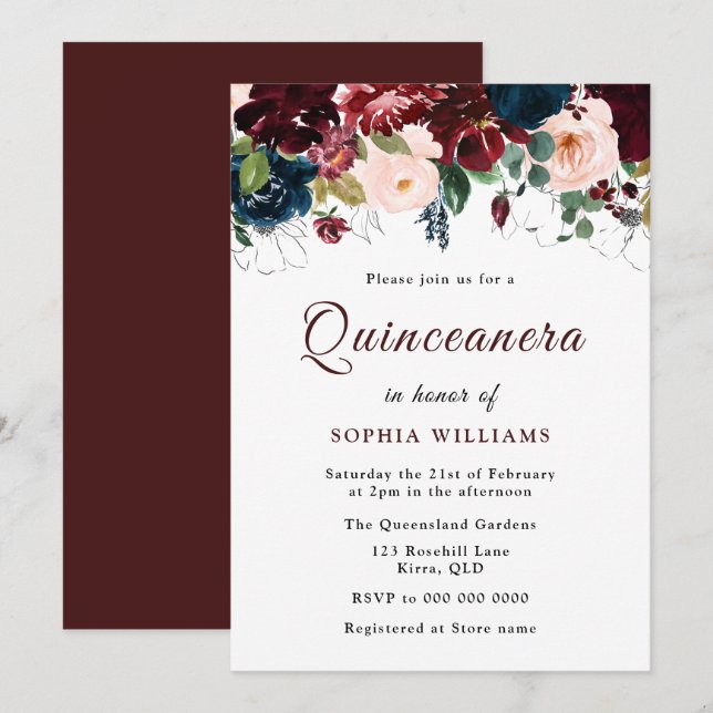 Convites Burgundy Red, Marinho Blush Floral Quinceanera (Frente/Verso)