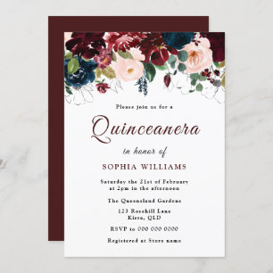 Convites Burgundy Red, Marinho Blush Floral Quinceanera