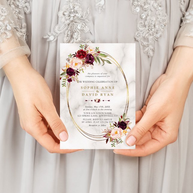 Convites Burgundy Red Marsala Floral Dourado Casamento Marb (Criador carregado)