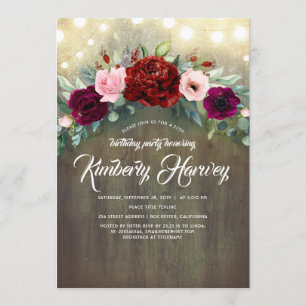 Convites Burgundy Red Peony Garland Russo Aniversário