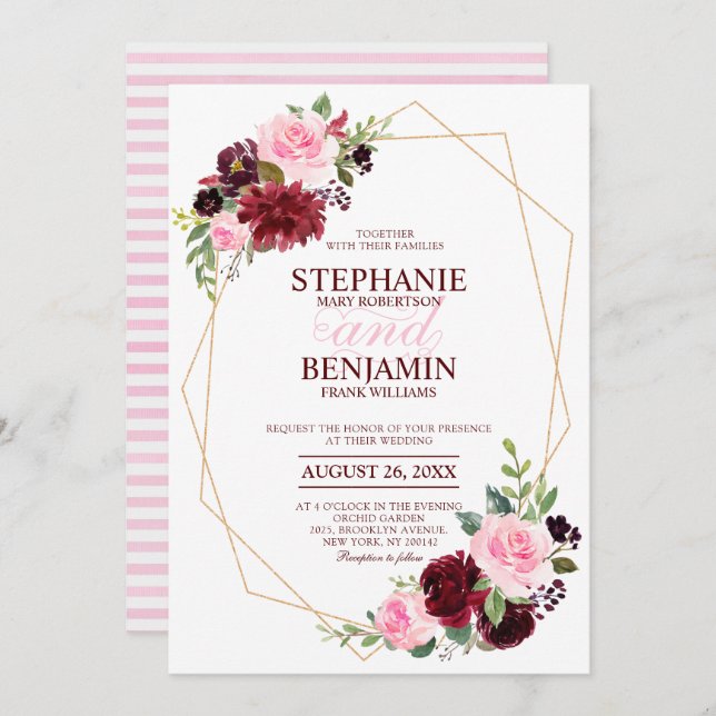 Convites Burgundy Red Pink Novo casamento geométrico (Frente/Verso)