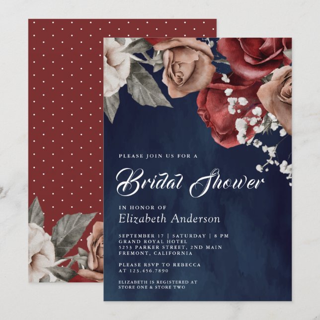 Convites Burgundy Red Roses Floral Navy Blue Bridal Shower (Frente/Verso)