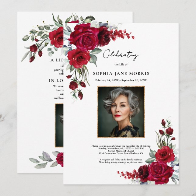 Convites Burgundy Red Roses Funeral Invitation (Frente/Verso)