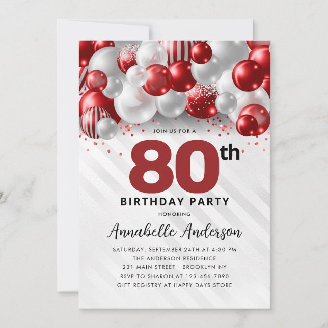 Convites Burgundy Red Silver Balloon Glitter 80 Birthday (Frente)