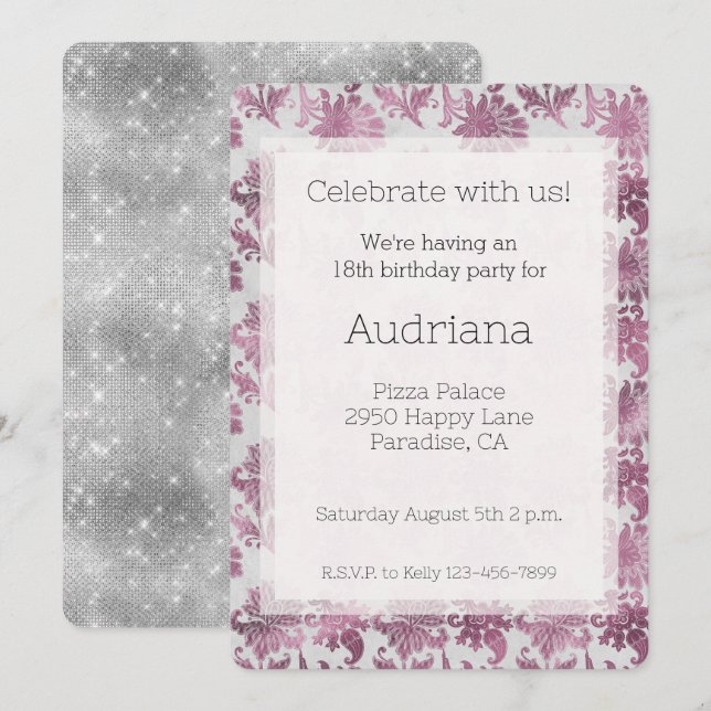 Convites Burgundy Red Silver Floral Aniversário (Frente/Verso)