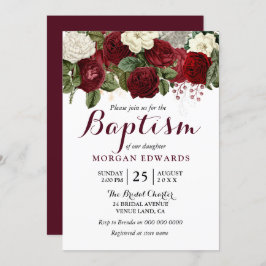 Convites Burgundy Red White Floral Neutral Baptism Invite