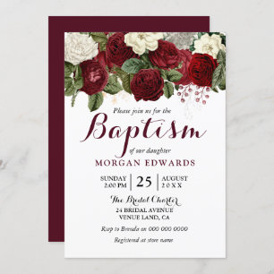 Convites Burgundy Red White Floral Neutral Baptism Invite