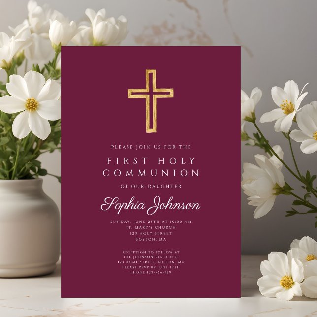 Convites Burgundy Religious Cross Boy First Communion (Burgundy Religious Cross Boy First Communion Invitation)