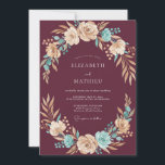 Convites Burgundy Rich Teal Botanical Wedding<br><div class="desc">This design features a deep burgundy background adorned with a lush arrangement of cream roses and teal accents. Warm bronze foliage and delicate berries create a sophisticated autumnal mood. The botanical details include elegant roses and airy eucalyptus leaves,  perfect for a moody and rich aesthetic.</div>