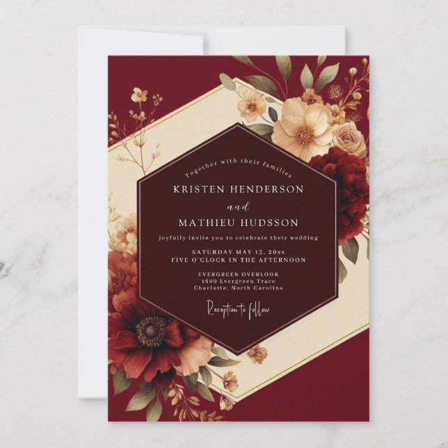 Convites Burgundy Romantic Flora Wedding (Frente)