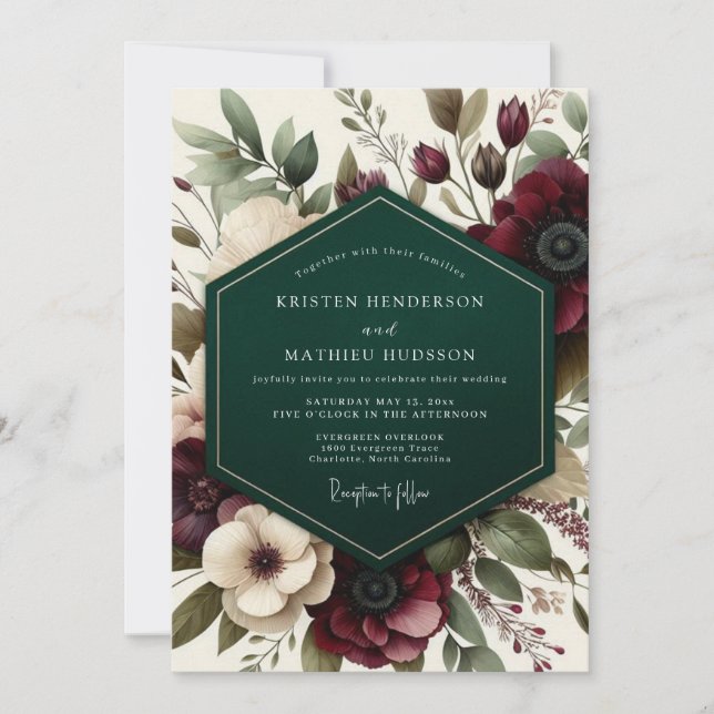 Convites Burgundy Romantic Floral Romance Wedding (Frente)