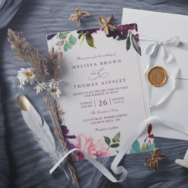 Convites Burgundy Romantic Florals Elegant QR Code Wedding (Criador carregado)