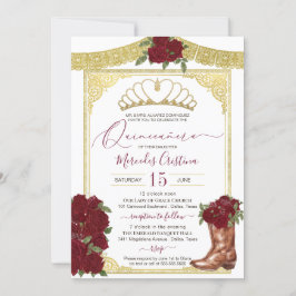 Convites Burgundy Rosa Dourado Floral Boot Charro Quinceane
