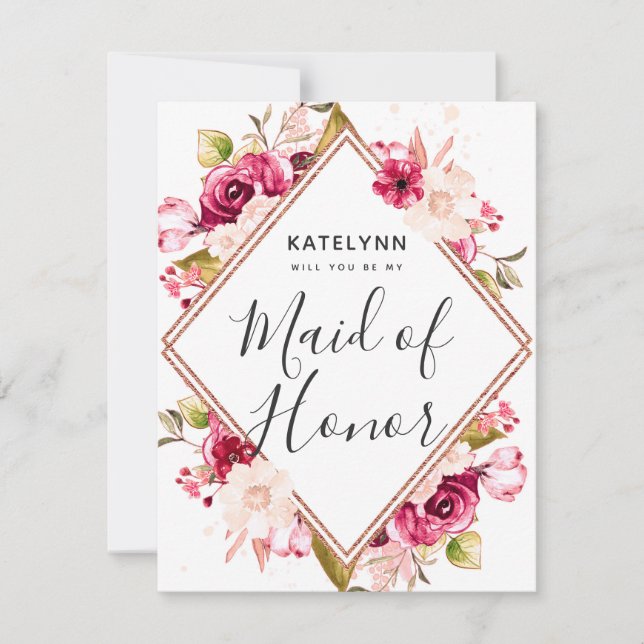 Convites Burgundy Rosa Dourado Você Será Minha Madrinha de  (Frente)