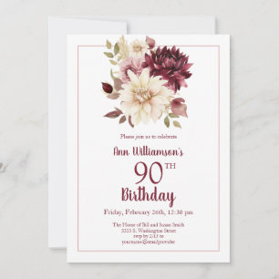 Convites Burgundy Rosa Floral 90º Aniversário