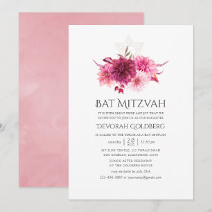 Convites Burgundy & Rosa Floral em Aquarela para Bat Mitzva