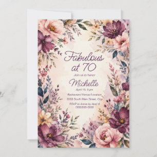 Convites Burgundy Rosa Floral Fabuloso Aniversário de 70 an