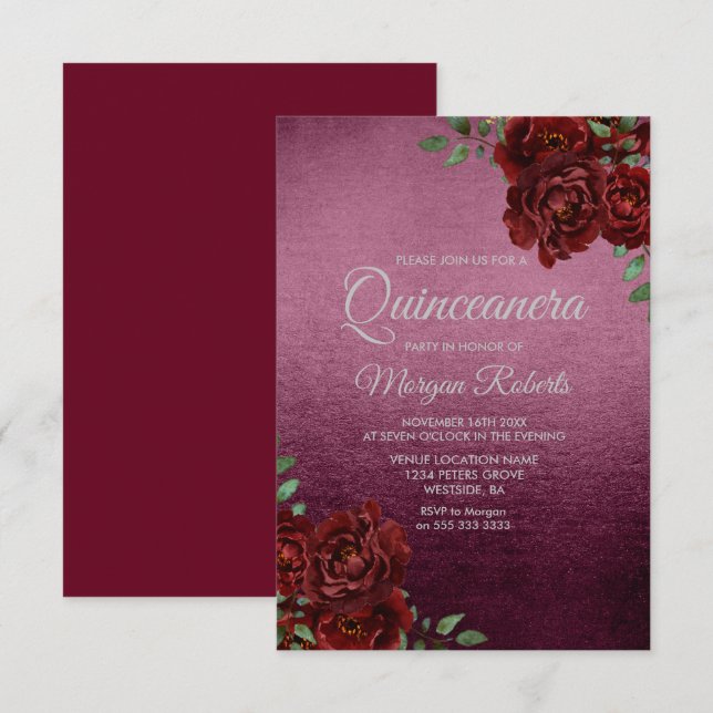 Convites Burgundy Rosa Foil Olhe Quinceanera Convide (Frente/Verso)