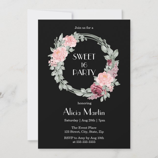 Convites Burgundy Rosa Rosa Elegante Flora Sweet 16 Anivers (Frente)