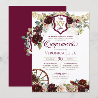Convites Burgundy Rosa vermelha Elegante Charro Quinceanera