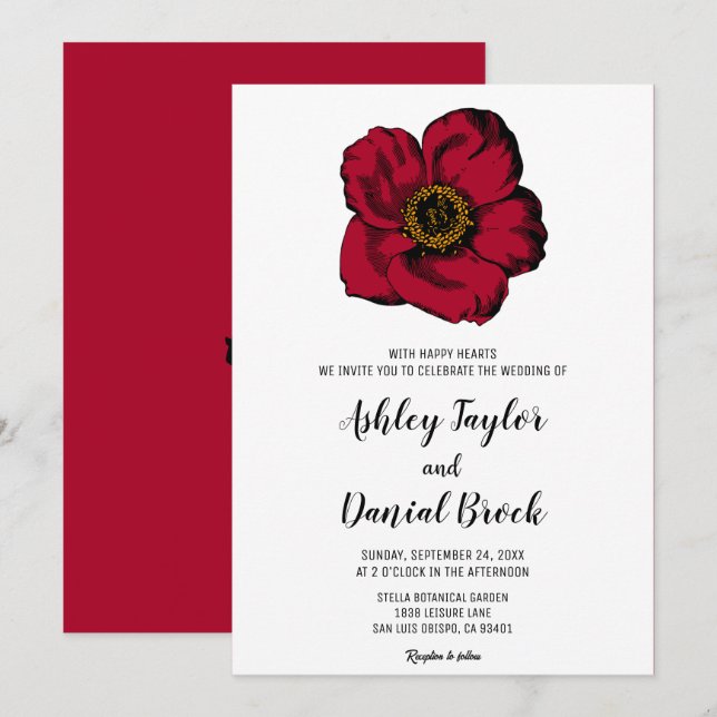 Convites Burgundy rosa vermelha simples script floral Casam (Frente/Verso)