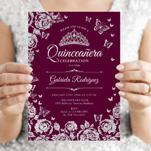 Convites Burgundy Rosas Prateadas Borboletas Quinceanera