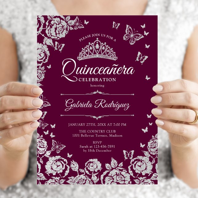 Convites Burgundy Rosas Prateadas Borboletas Quinceanera (Criador carregado)