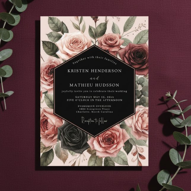 Convites Burgundy Rose Bloom Wedding (Criador carregado)