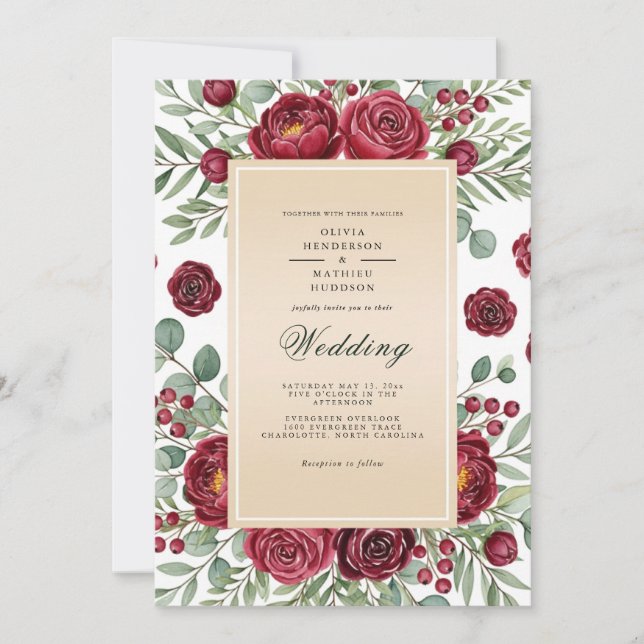 Convites Burgundy Rose Botanical Wedding (Frente)