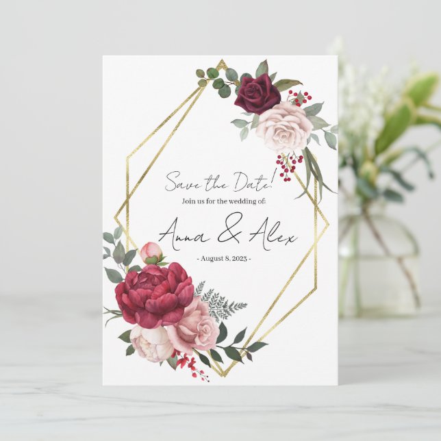 Convites Burgundy Rose Floral Geométrico Salve a Data (Em pé/Frente)