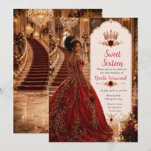 Convites Burgundy Rose Sweet 16 Princesa Coroa Dourada (Frente/Verso)
