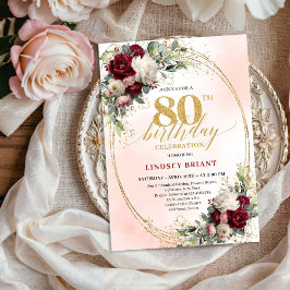 Convites Burgundy Rustic Boho Floral 80th Birthday Invite