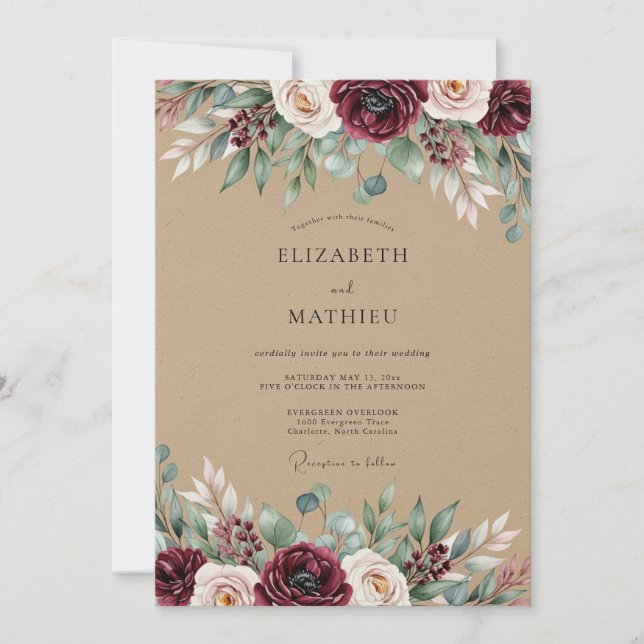 Convites Burgundy Rustic Botanical Wedding (Frente)