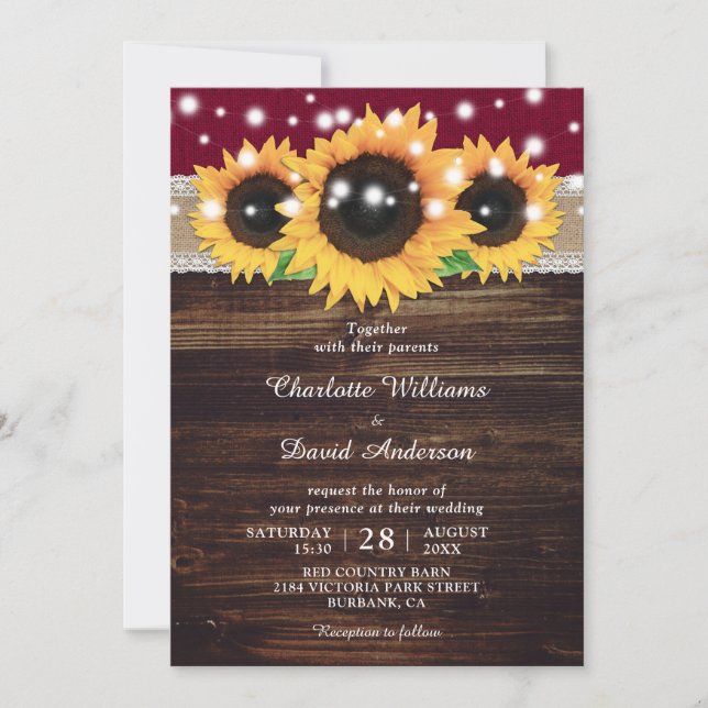 Convites Burgundy Rustic Burlap e Lace Sunflower Weding (Frente)