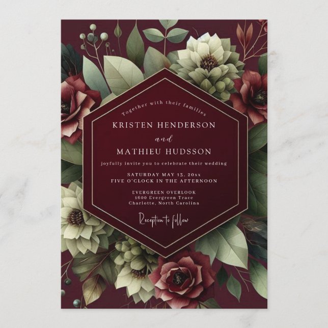 Convites Burgundy Shadow Bloom Wedding (Frente)