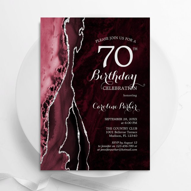 Convites Burgundy Silver Agate 70 Birthday (Criador carregado)
