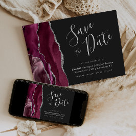 Convites Burgundy Silver Agate Dark Save the Date